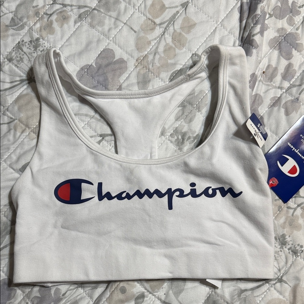 Champion White and Blue Logo Sports Bra